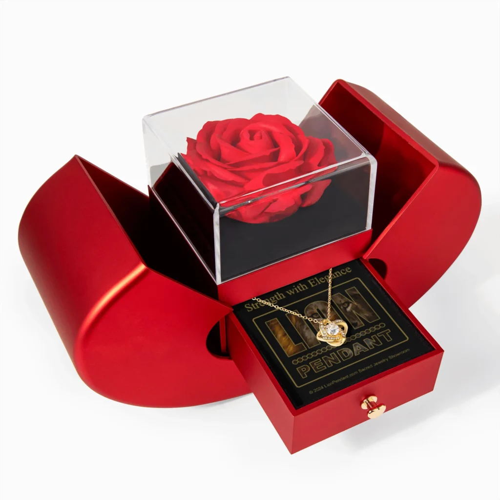 Love Knot necklace gold jewelry with red heart and rose box, featuring Lion Pendant brand and message card