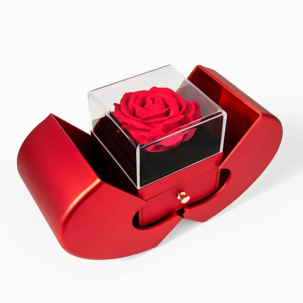 Love Knot necklace jewelry with red heart and rose box, featuring Lion Pendant brand and message card