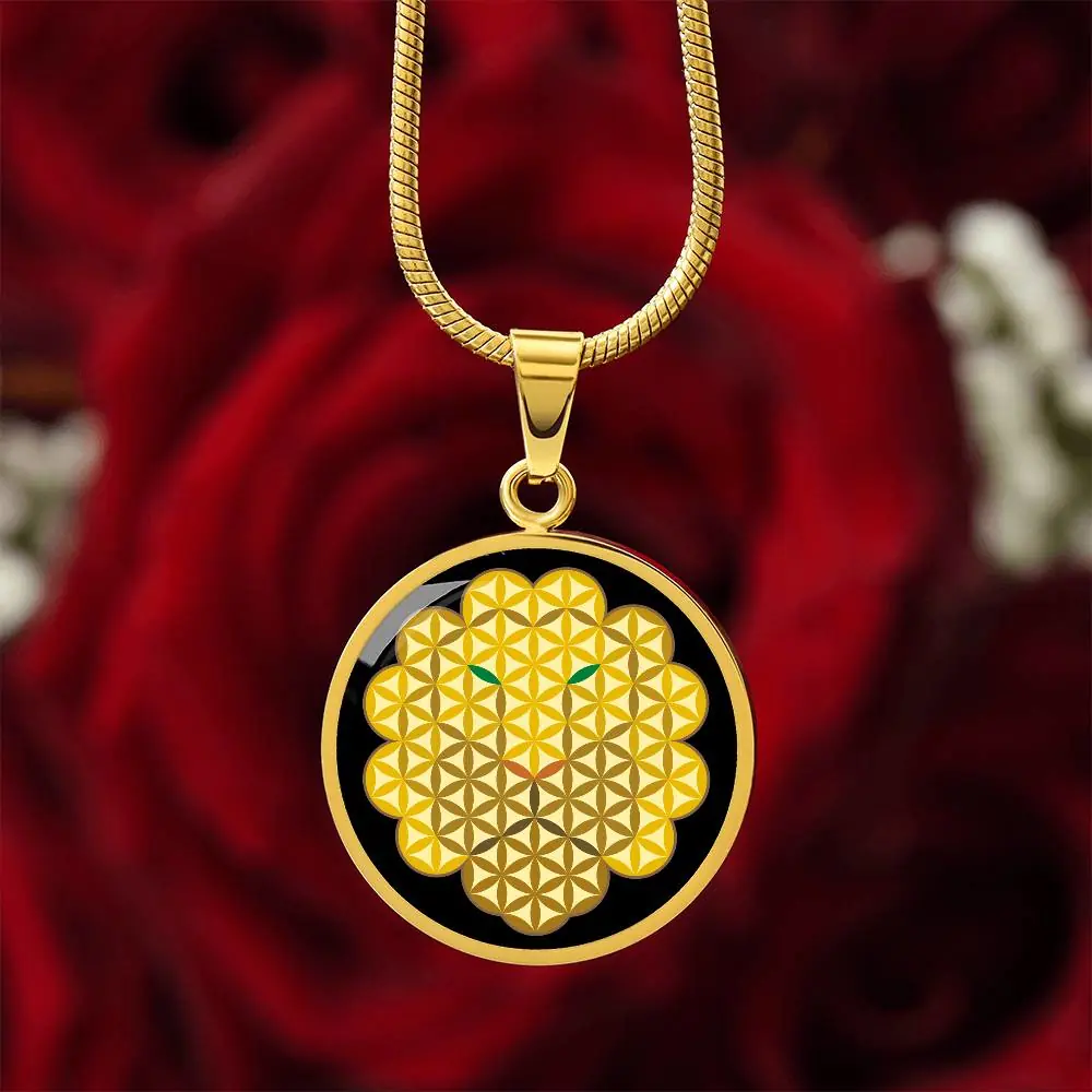 Luxury Gold Circle Necklace Jewelry, Featuring the Sacred Lion of Life, SMLB02, Lion Pendant Brand