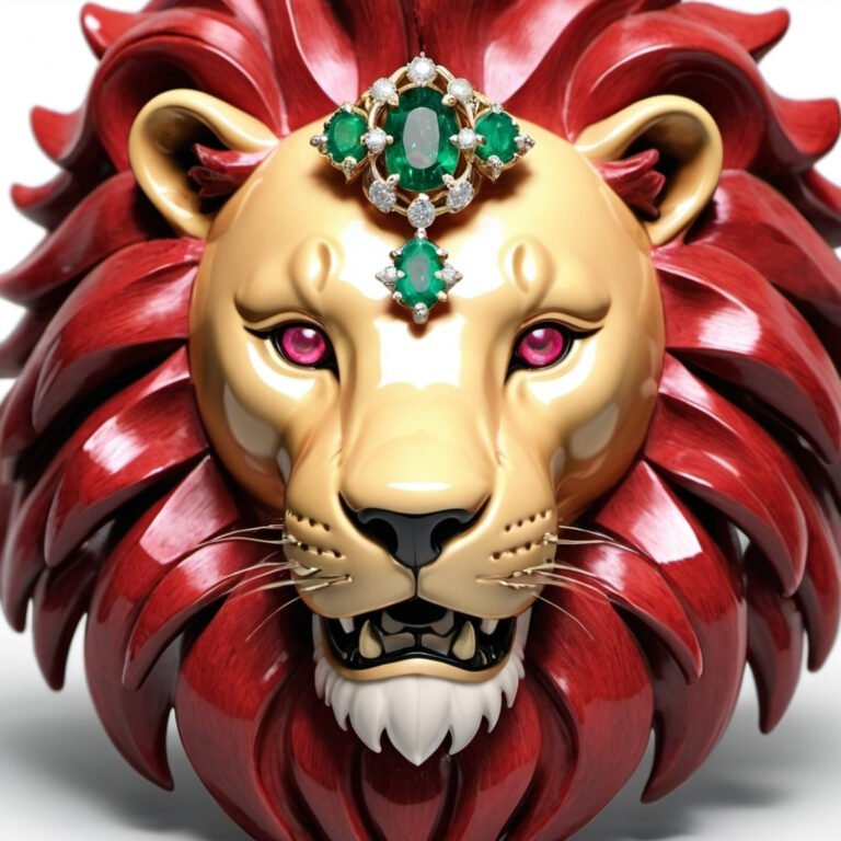 Lion with a red mane, ruby eyes, and emerald stones on its head - AI Openart